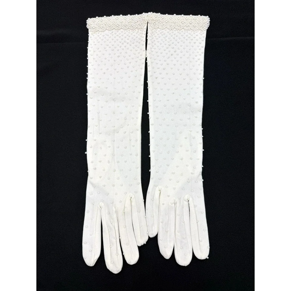 NEW White Hand-Beaded Formal Evening Long Nylon Stretch Gloves One Size Vintage